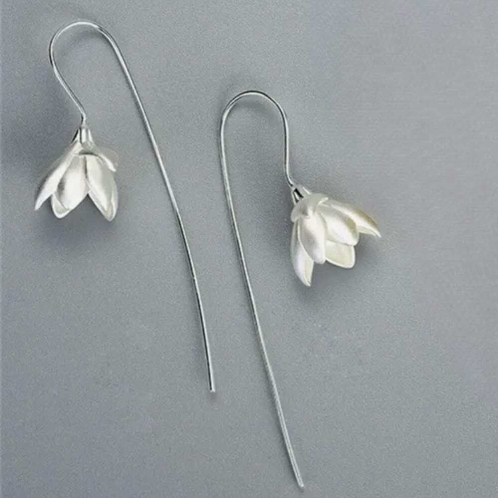 “Blodeuwedd” Orchid Flower Sculpted Feminine Silver Ear Pin Hook Threader Dangle - Picture 12 of 16